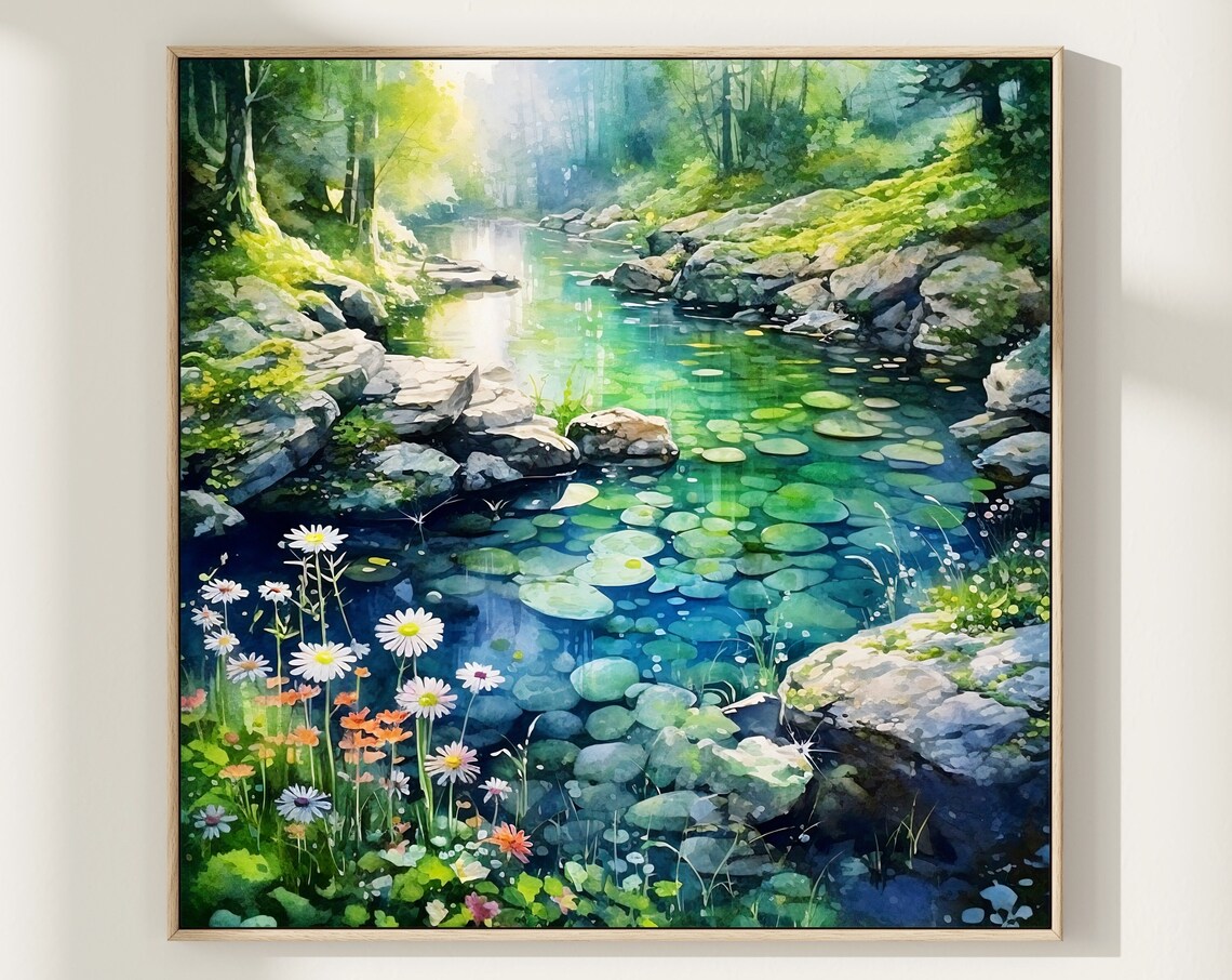 Forest Pond Watercolor Lily Pads Daisies Sunlit Stream Art Poster
