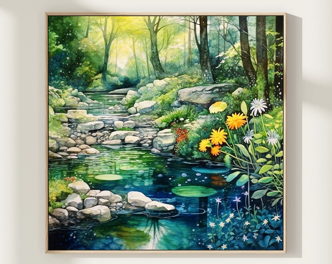 Sunlit Forest Stream Wildflowers Lily Pads Watercolor Nature Print
