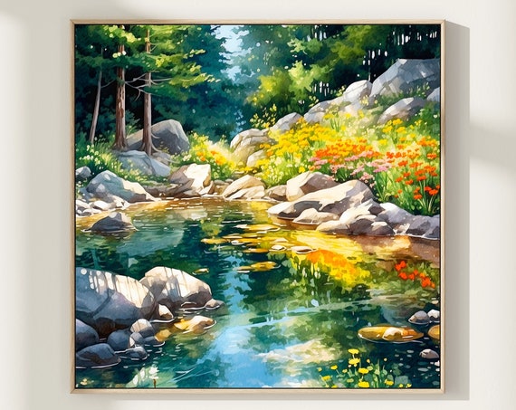 River Landscape Watercolor Art Print Forest Stones Giclee