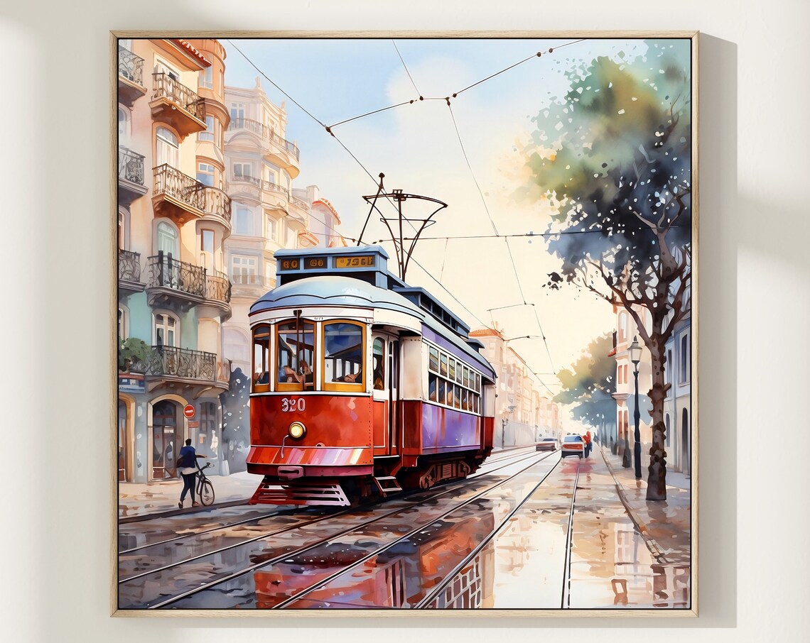 Lisbon Red Tram 320 Watercolor Portugal Street Rainy Day Poster
