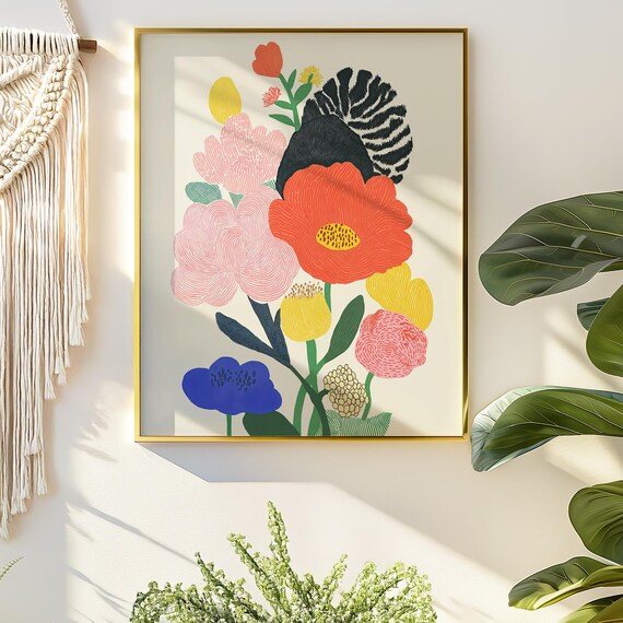 Vibrant Abstract Floral Print Colorful Botanical Poster Modern Boho Wall Art