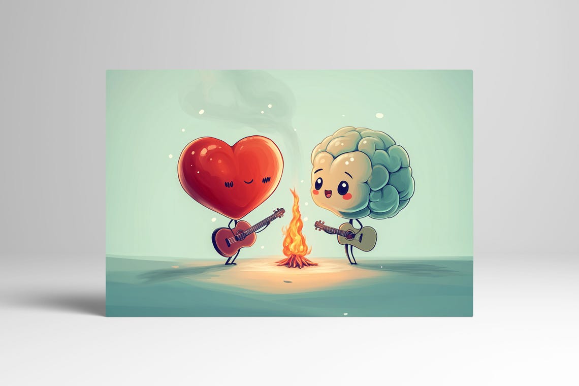 Heart And Brain Playing Guitar By Campfire Cute And Whimsical Art Print - Image 3