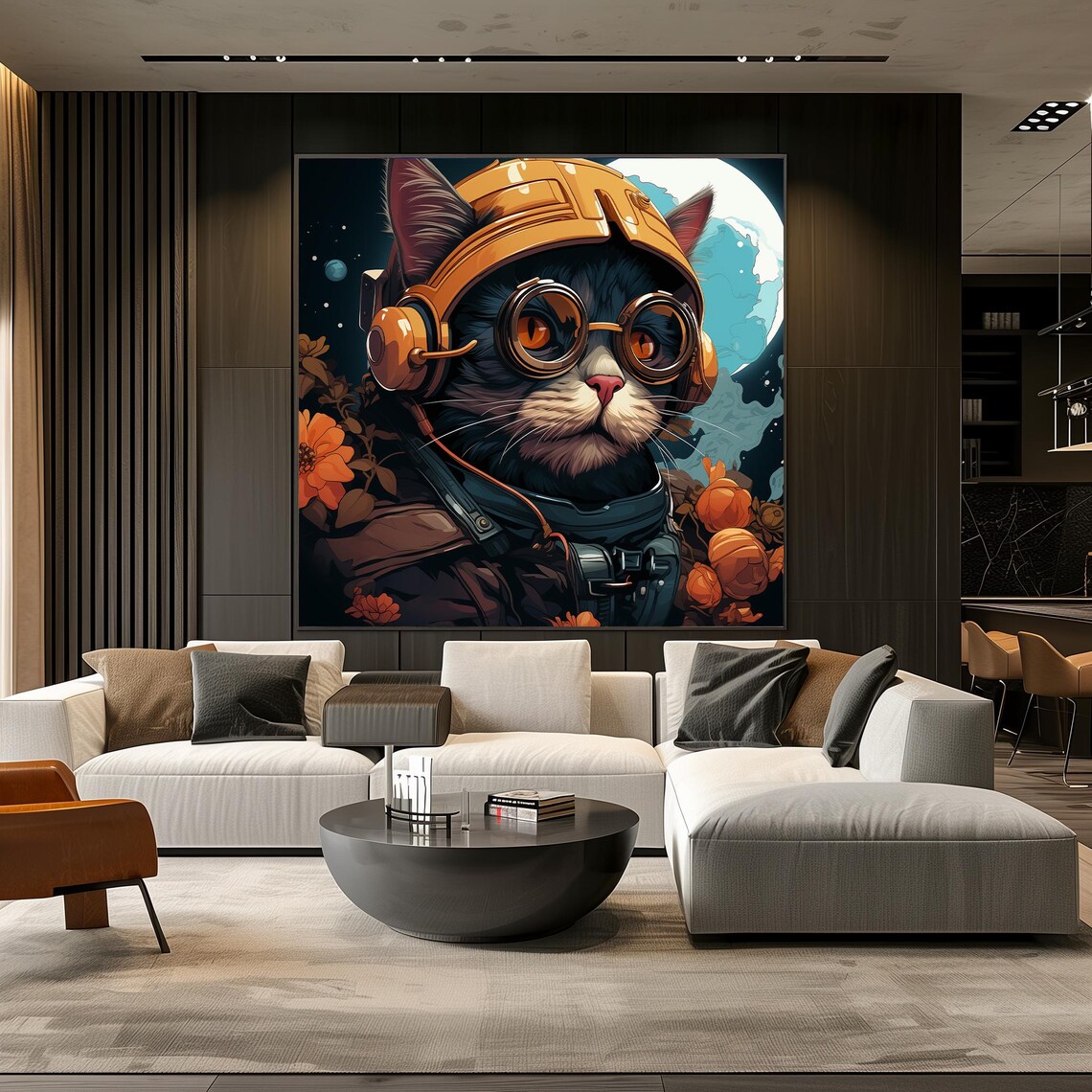 Black Cat Astronaut in Orange Helmet and Goggles Under the Moon Poster - Image 3