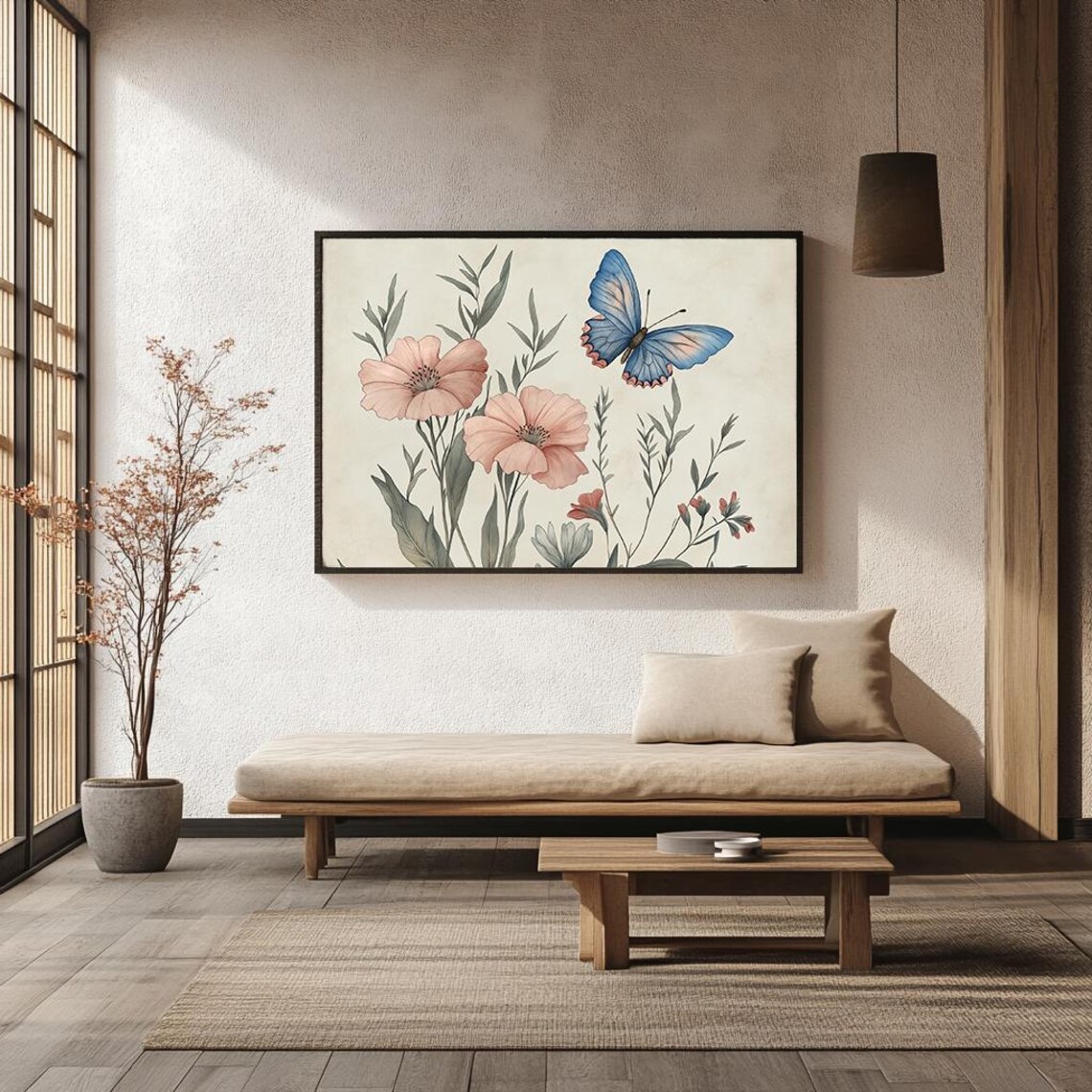 Vintage Botanical Pink Wildflowers and Blue Butterfly Poster - Image 2