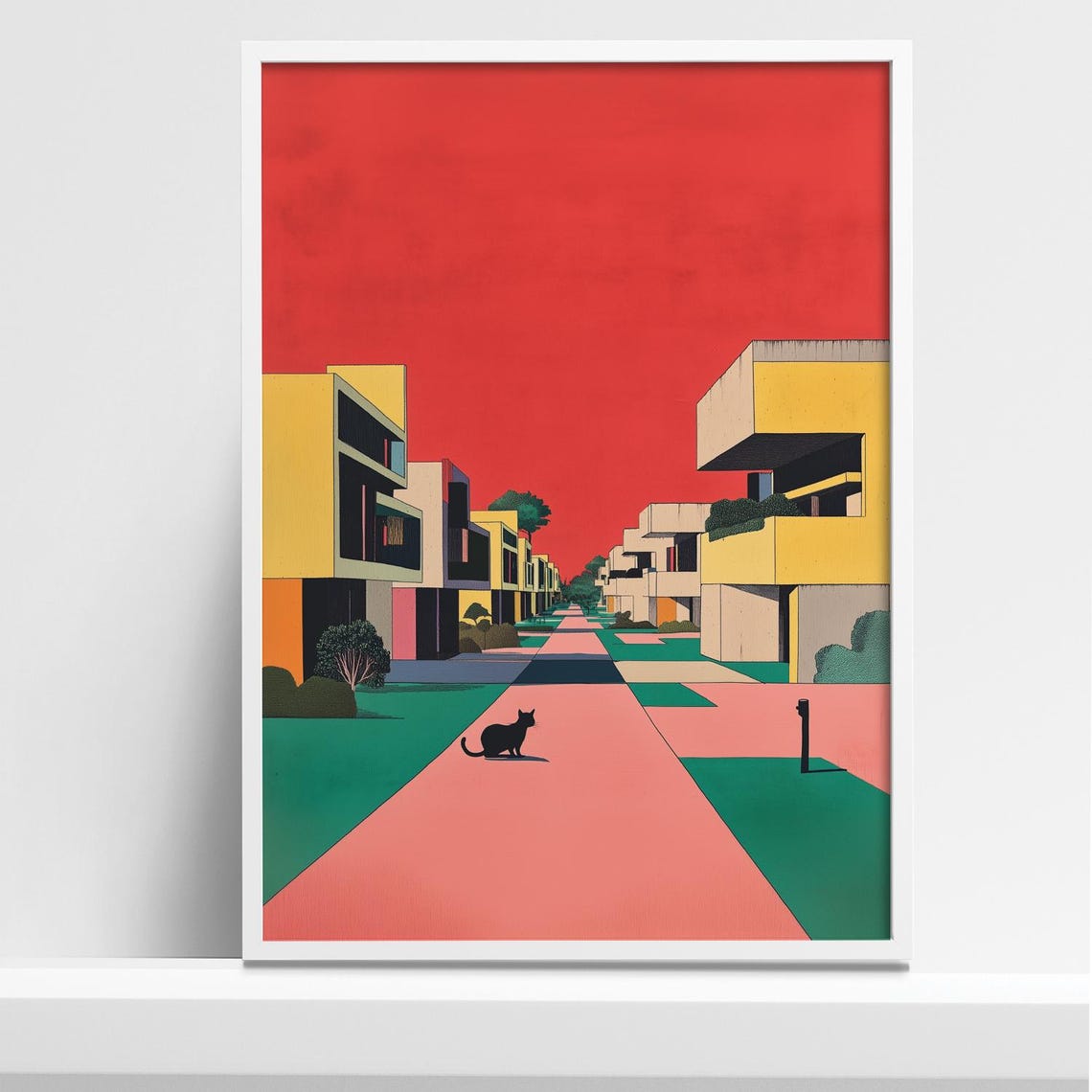 Modernist Architecture Street With Black Cat Under a Red Sky Poster