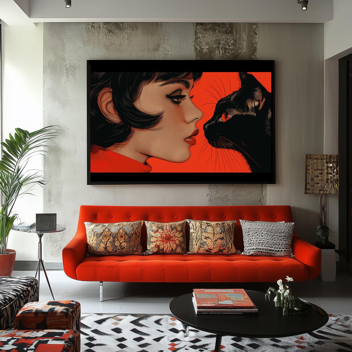 Retro Woman and Black Cat Face to Face in Bold Red Pop Art Poster - Image 3