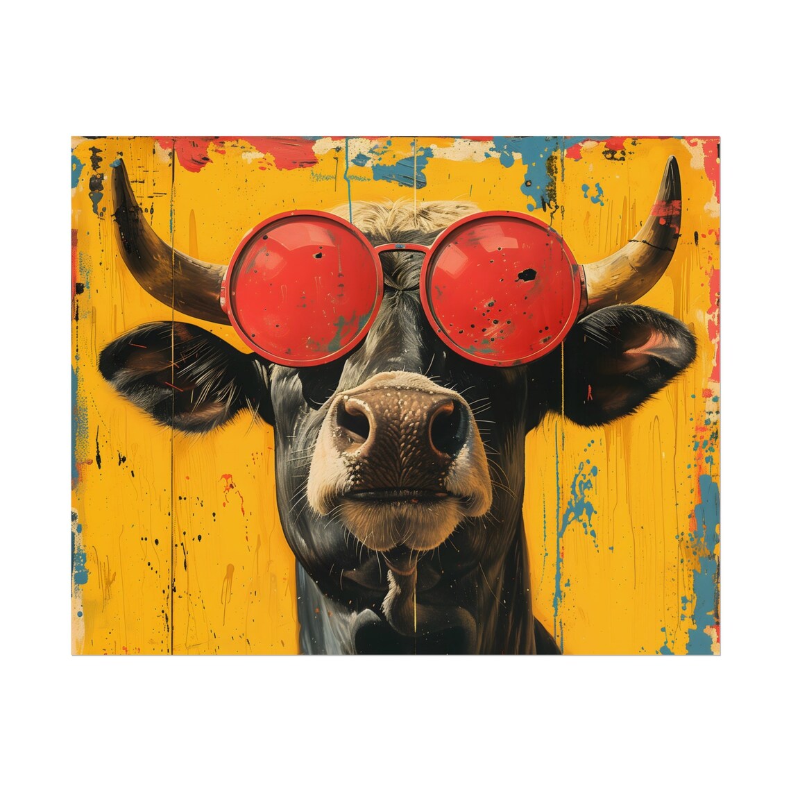 Cool Bull in Red Sunglasses on a Bright Yellow Pop Art Poster - Image 2