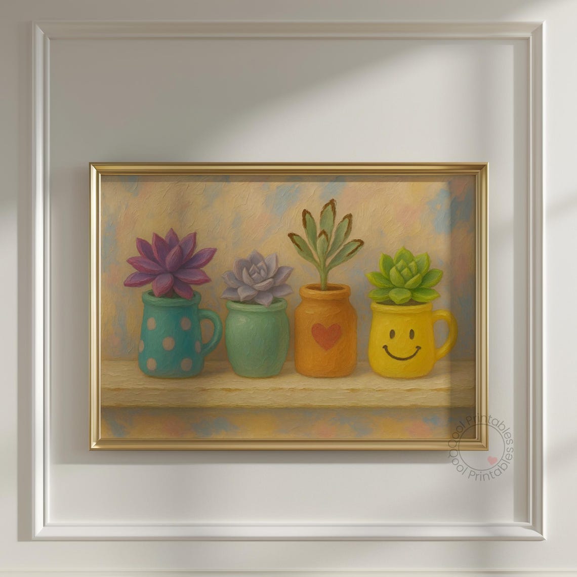 Cute Succulents Painted Mugs Smiley Heart Shelf Botanical Wall Art