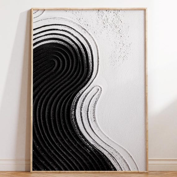 Black White Ripple Art, Japandi Zen Minimalist Print