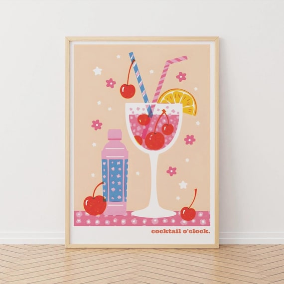 Cherry Cocktail O Clock Retro Kitchen Bar Drink Illustration Poster