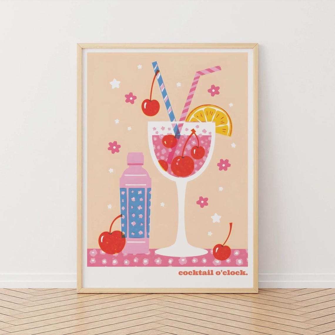 Cherry Cocktail O Clock Retro Kitchen Bar Drink Illustration Poster