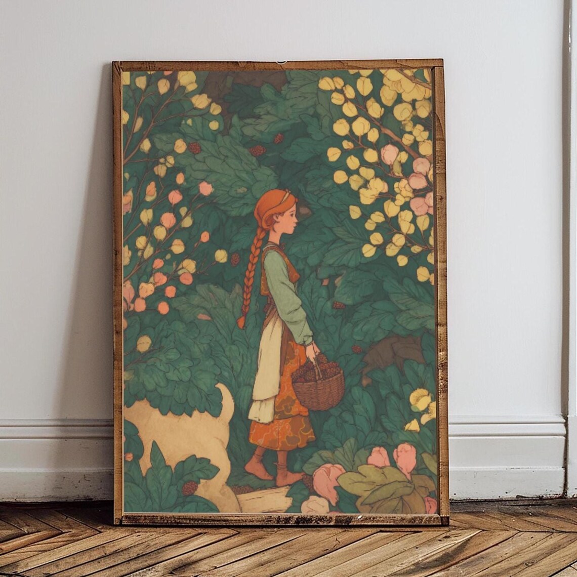 Storybook Girl Gathering Berries in Enchanted Woods Fairy Tale Poster