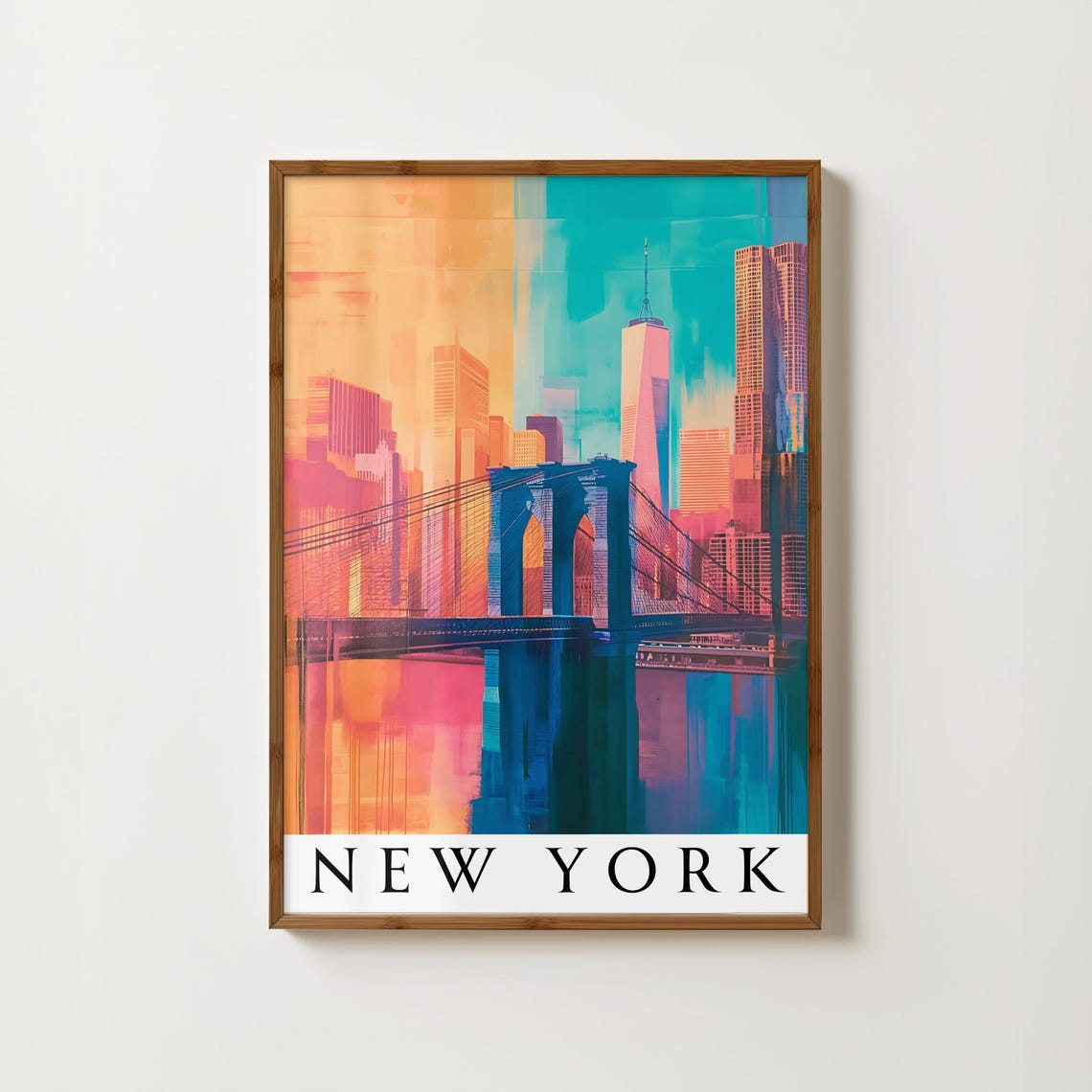 New York Brooklyn Bridge Sunset Manhattan Skyline Travel Poster