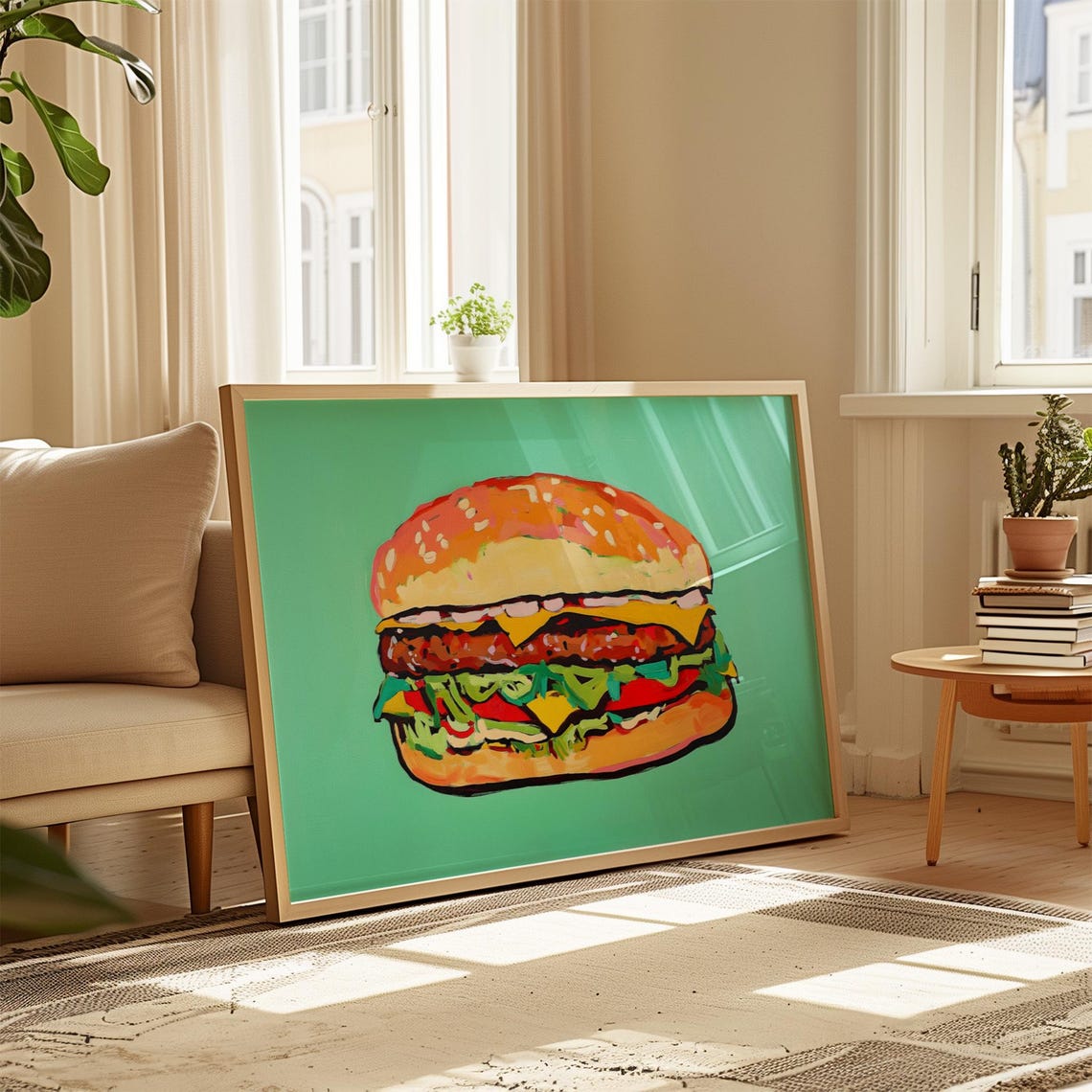 Double Cheeseburger Pop Art Food Painting On Mint Green Poster - Image 2