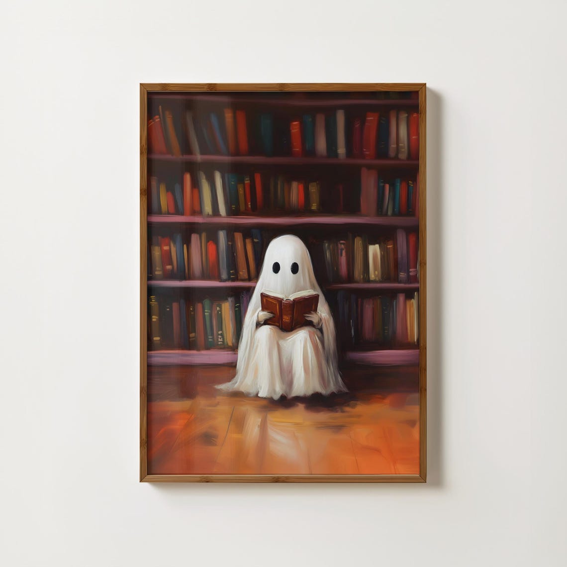 Cute Ghost Reading A Book In A Cozy Library Halloween Art Poster