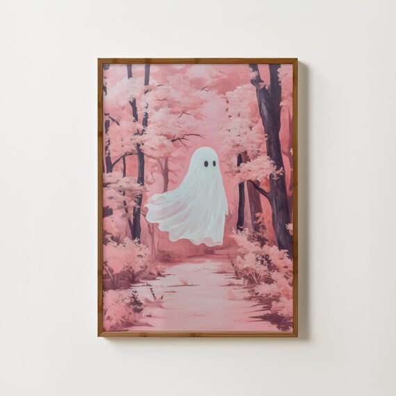Cute Little Ghost Floating In A Pink Cherry Blossom Forest Poster