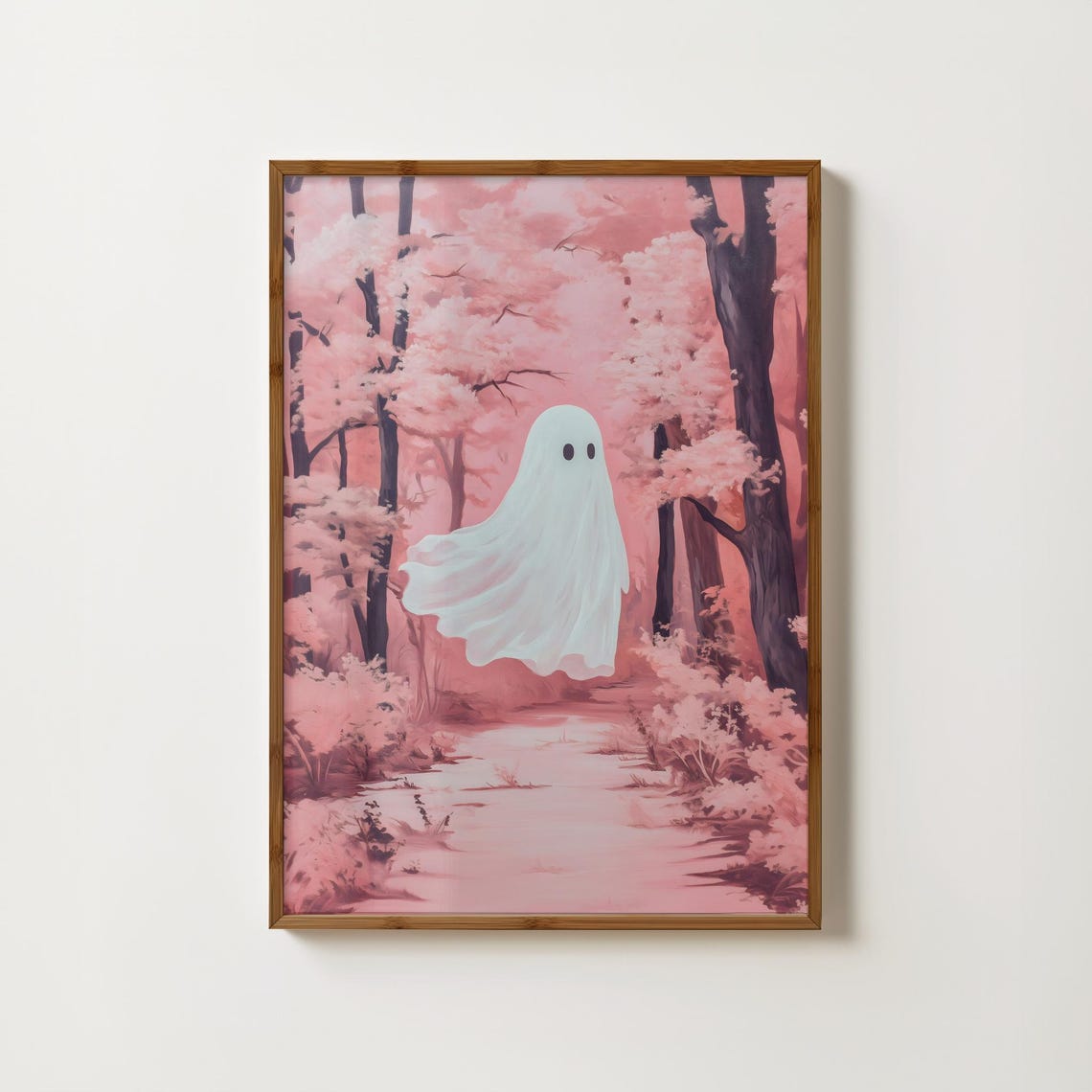 Cute Little Ghost Floating In A Pink Cherry Blossom Forest Poster