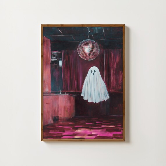 Cute Ghost Disco Ball Spooky Pink Halloween Party Art Poster