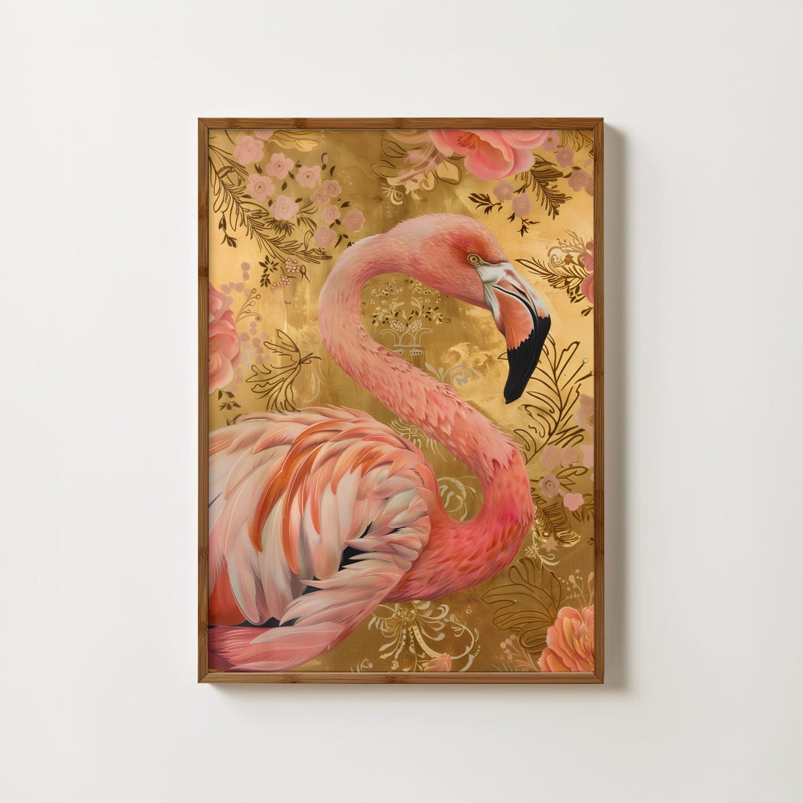 Pink Flamingo Golden Floral Exotic Bird Illustration Style Poster