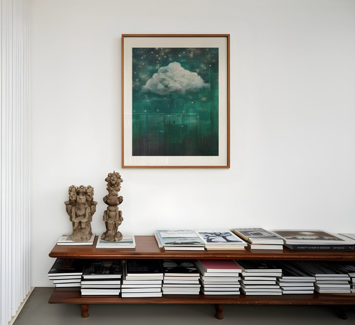 Starry Cloud Print Vintage Cloud Painting Night Sky Wall Art Trendy Cloud Poster Dark Academia Art Antique Gothic Decor Green Silver Artwork - Image 2
