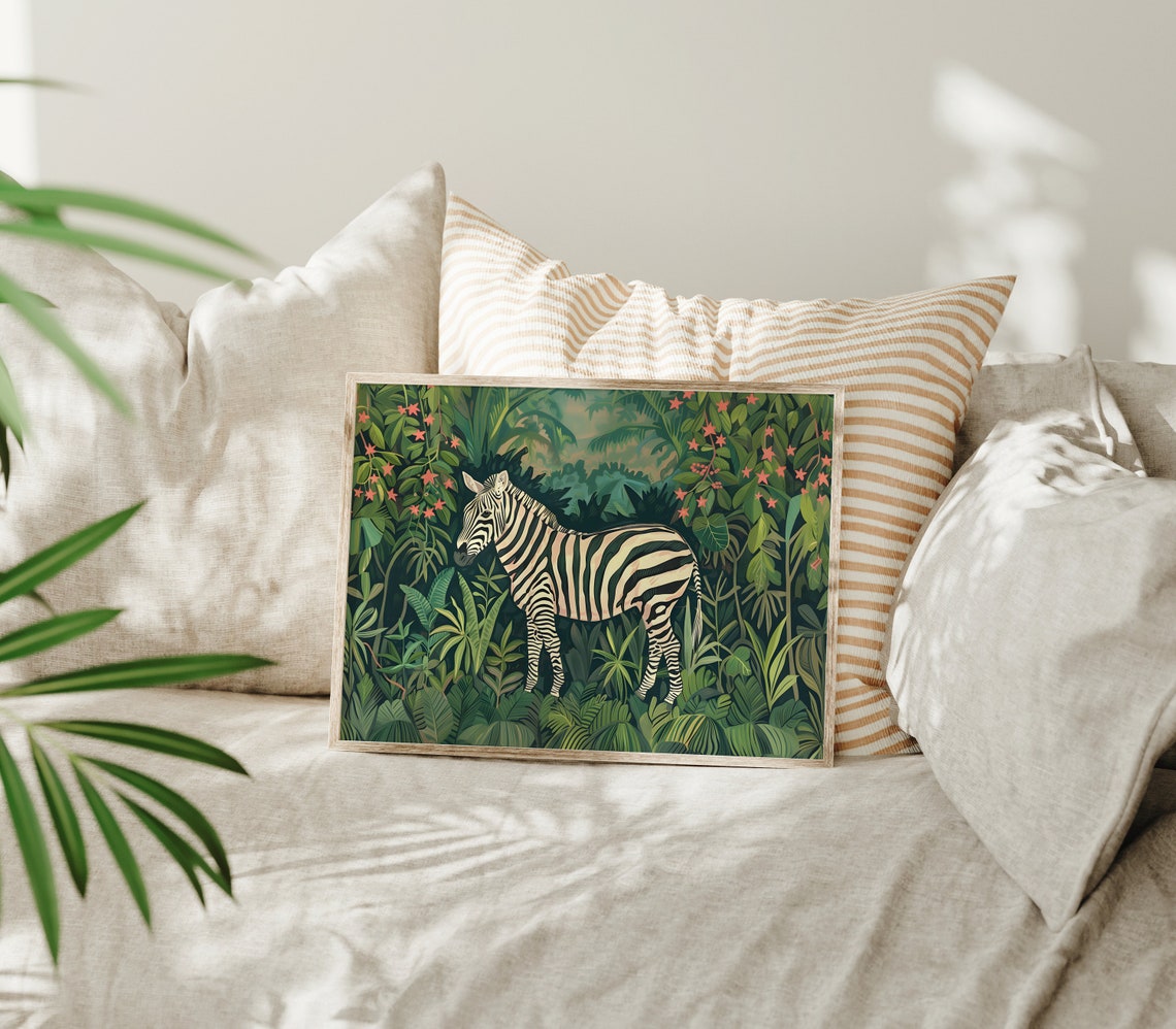 Striped Zebra Standing In Lush Tropical Jungle Greenery Art Poster - Image 3