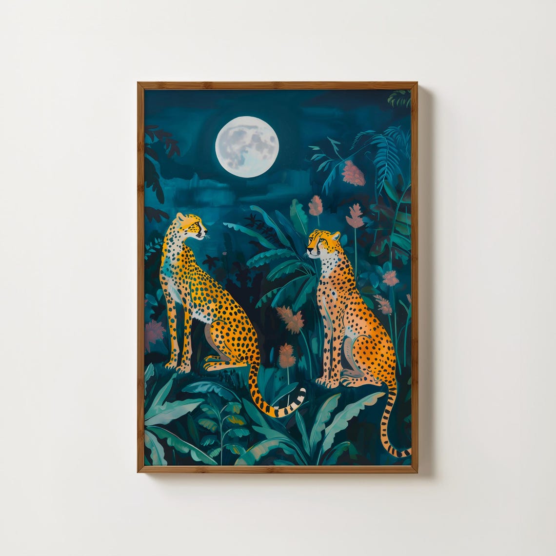 Two Leopards Under Full Moon In Tropical Jungle Night Art Poster