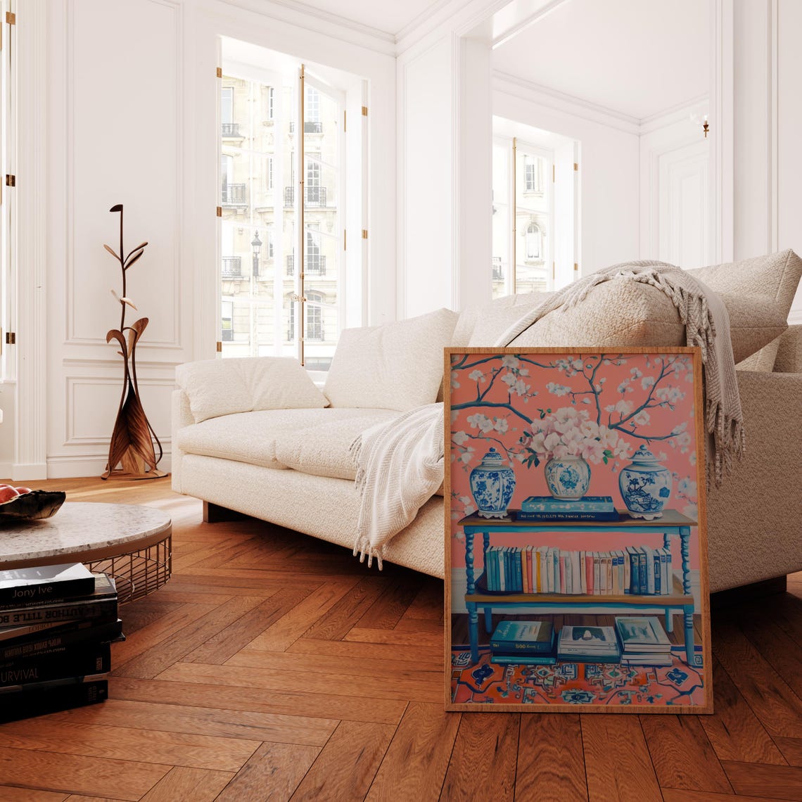 Chinoiserie Bookshelf With Ginger Jars Coral Blossom Art Print - Image 3