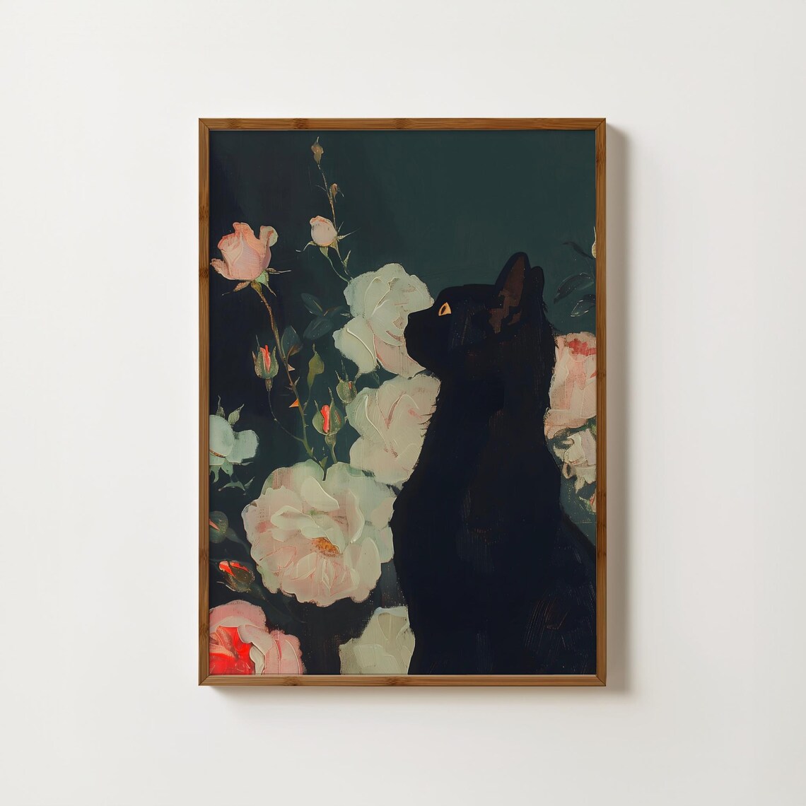 Black Cat and Moody Roses Gothic Wall Art Print