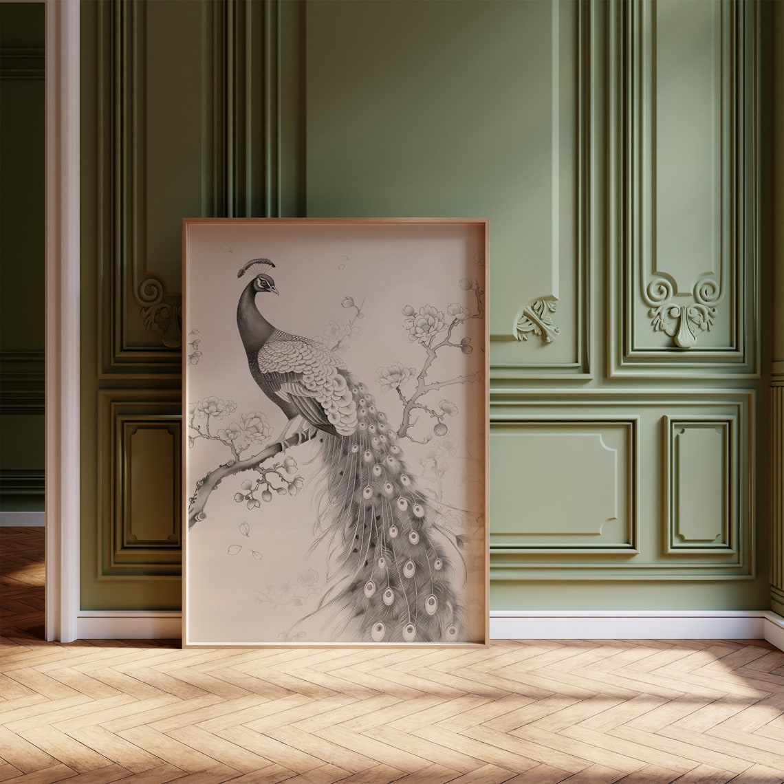 Peacock Perched On Blossom Branch Japanese Ink Wash Style Poster - Image 2