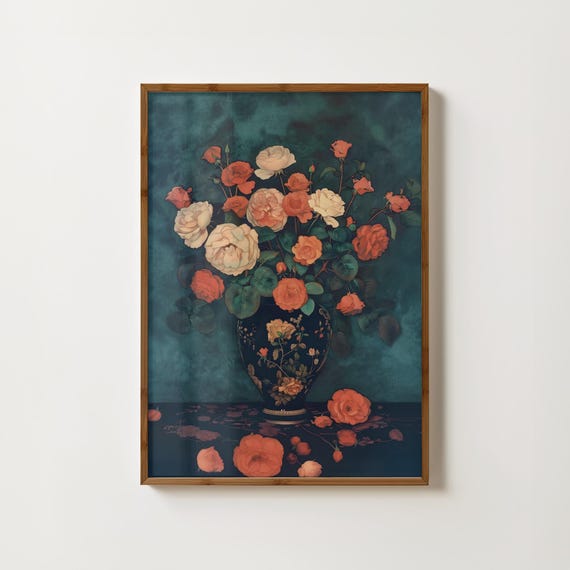 Moody Rose Print Vase Of Roses Painting Vintage Floral Decor Moody Oil Painting Gothic Flower Prints Moody Wall Art Antique Flower Poster