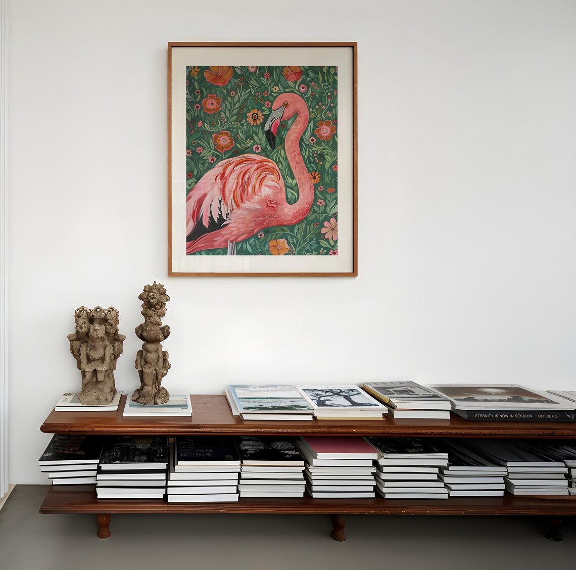 Pink Flamingo Standing Amid Emerald Floral Garden Art Poster - Image 3
