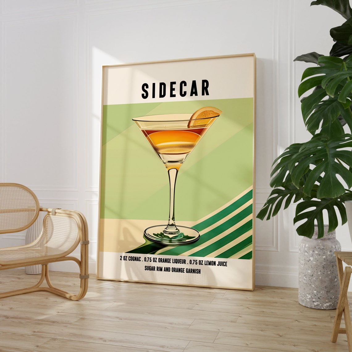 Sidecar Cognac Cocktail Recipe With Sugar Rim In Green Retro Poster - Image 3