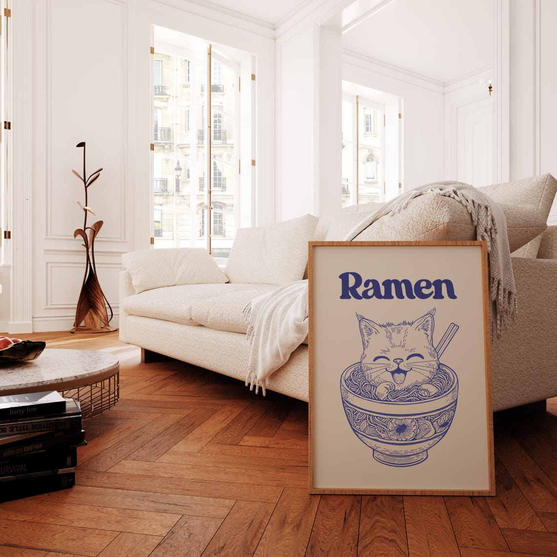 Ramen Cat Playful Blue Line Illustration Kitchen Noodle Bowl Poster - Image 2