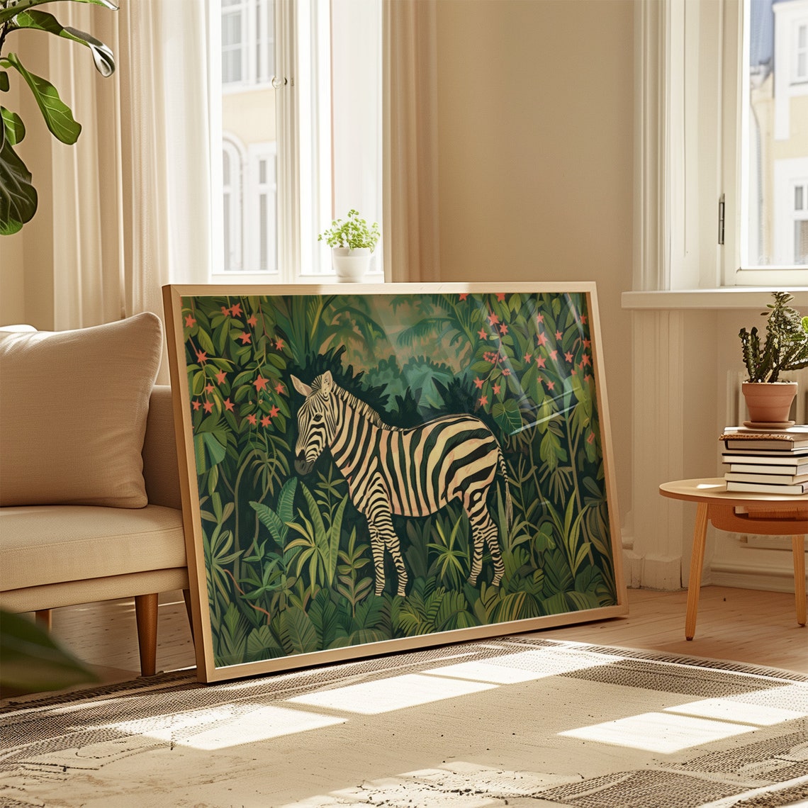 Striped Zebra Standing In Lush Tropical Jungle Greenery Art Poster - Image 4