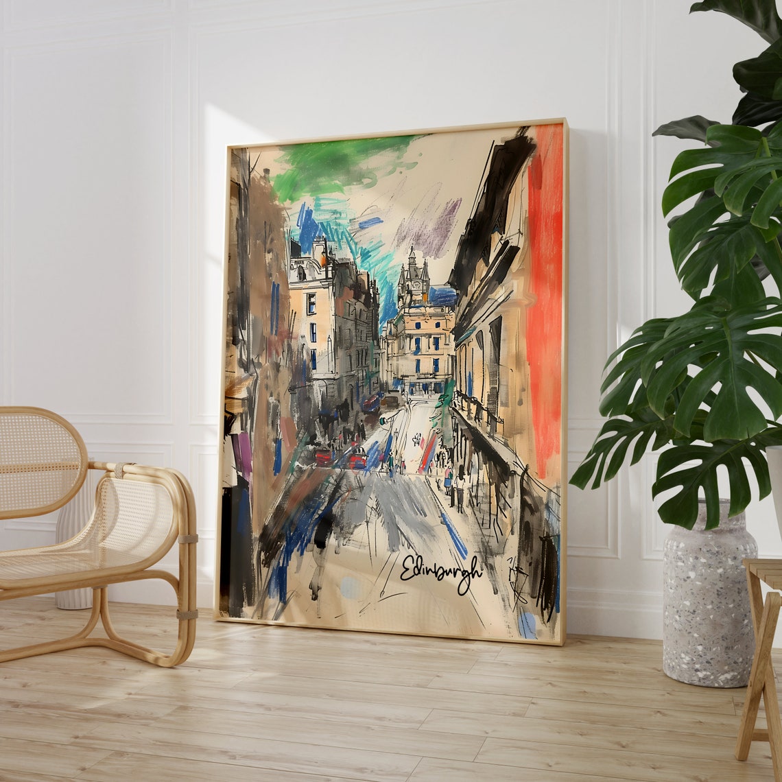 Edinburgh Old Town Street In Loose Colorful Sketch Style Art Poster - Image 2