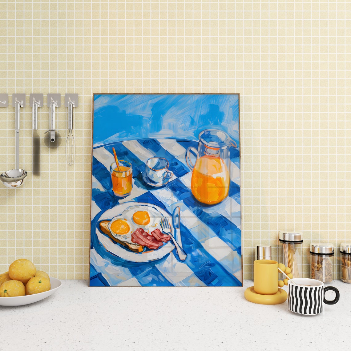 Bacon And Eggs Breakfast Spread On Blue Checkered Table Art Poster - Image 4