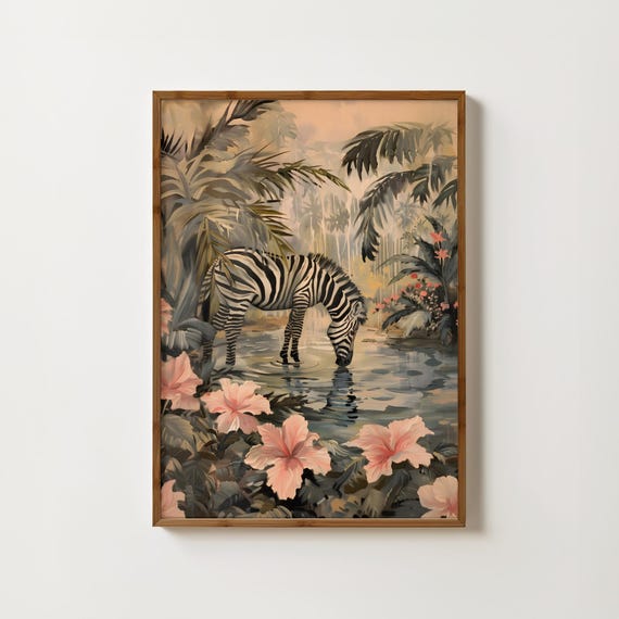 Zebra Jungle Print, Vintage Botanical Safari Poster