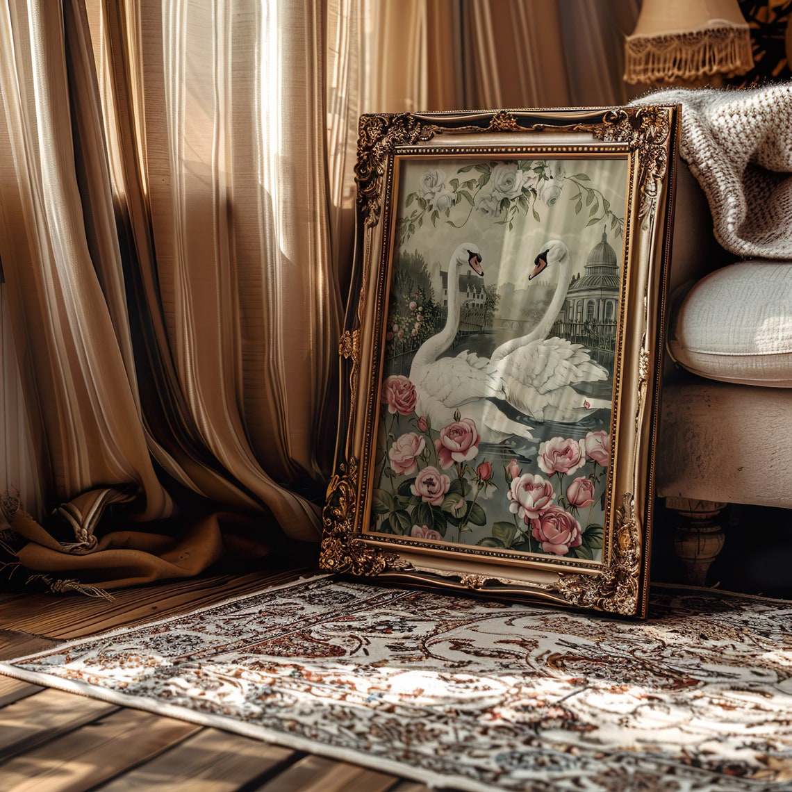 Two White Swans Facing Each Other Pink Roses Vintage Lake Art Poster - Image 2
