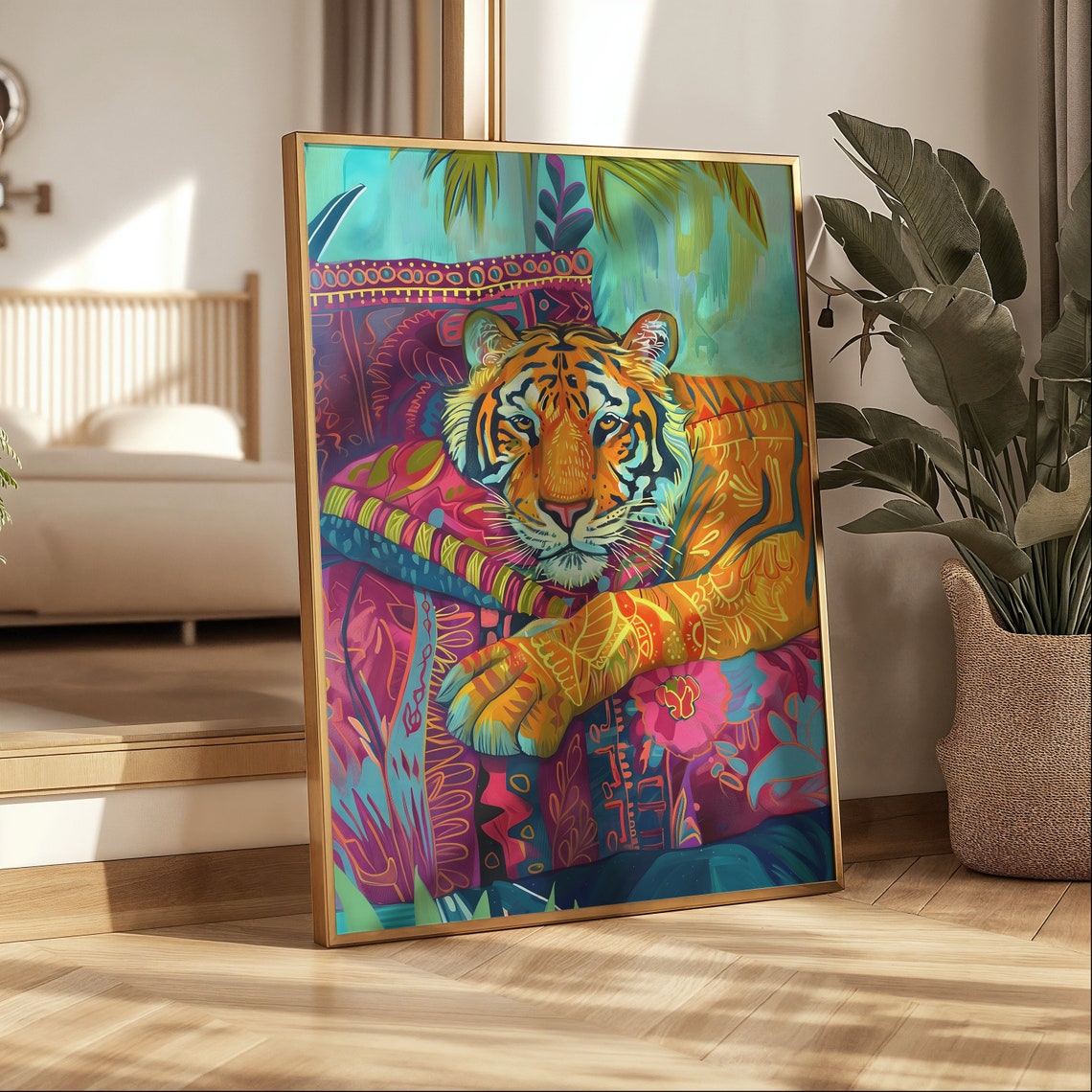 Resting Tiger With Jewel Tone Maximalist Patterned Art Poster - Image 4