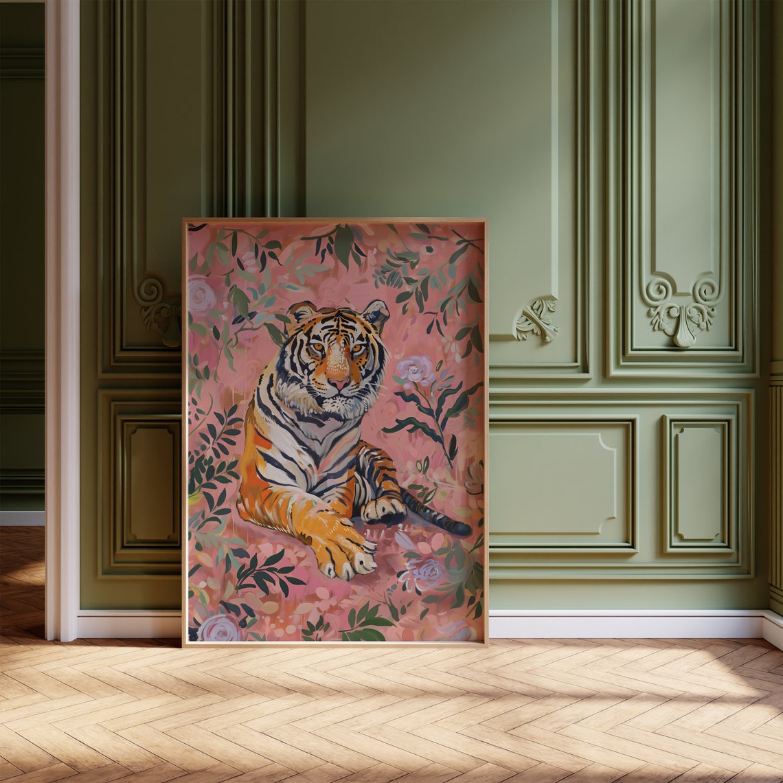 Tiger Lounging Among Pink Flowers Maximalist Floral Art Poster - Image 2