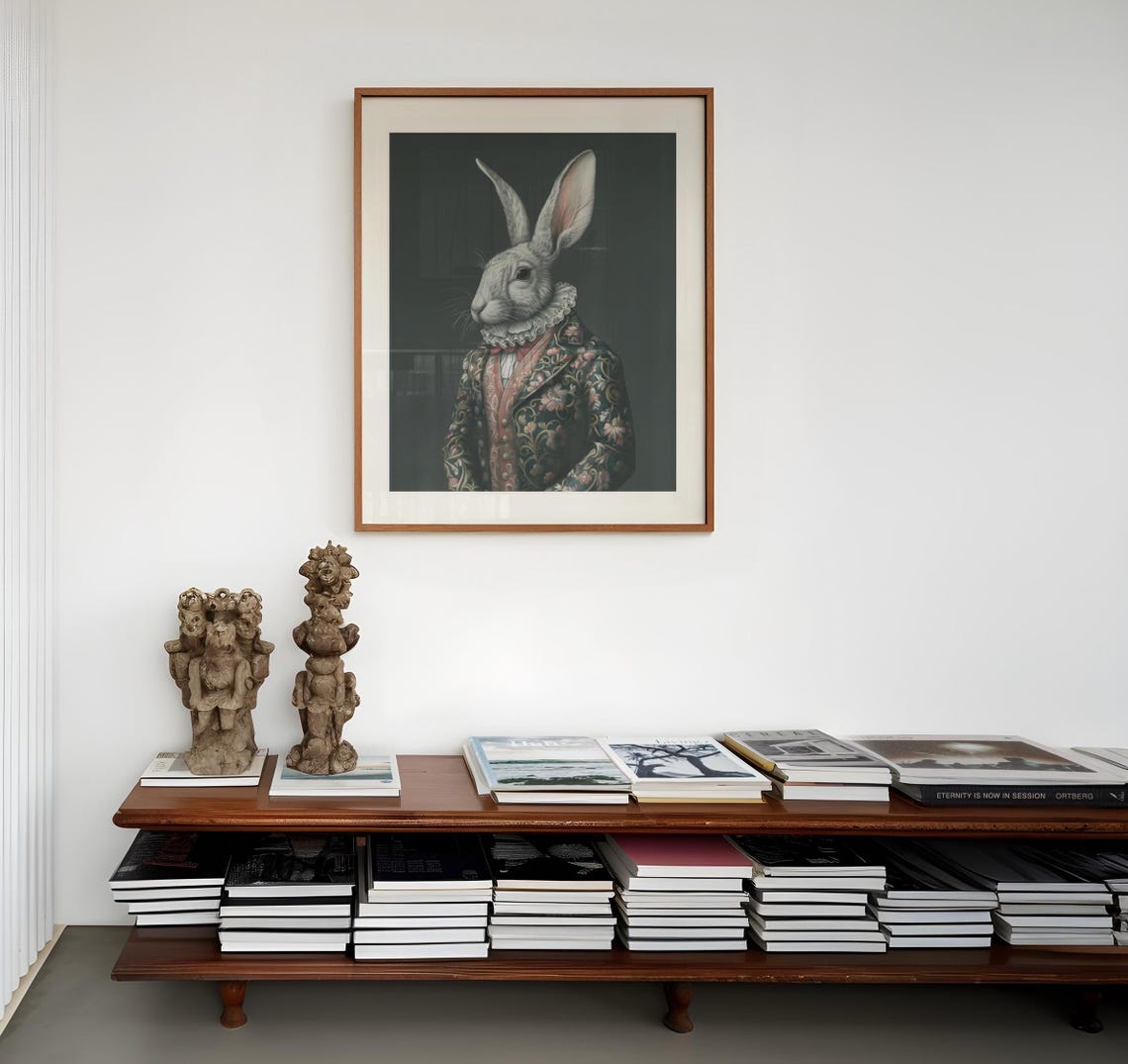 Victorian Rabbit in Brocade Jacket Moody Animal Portrait Poster - Image 4
