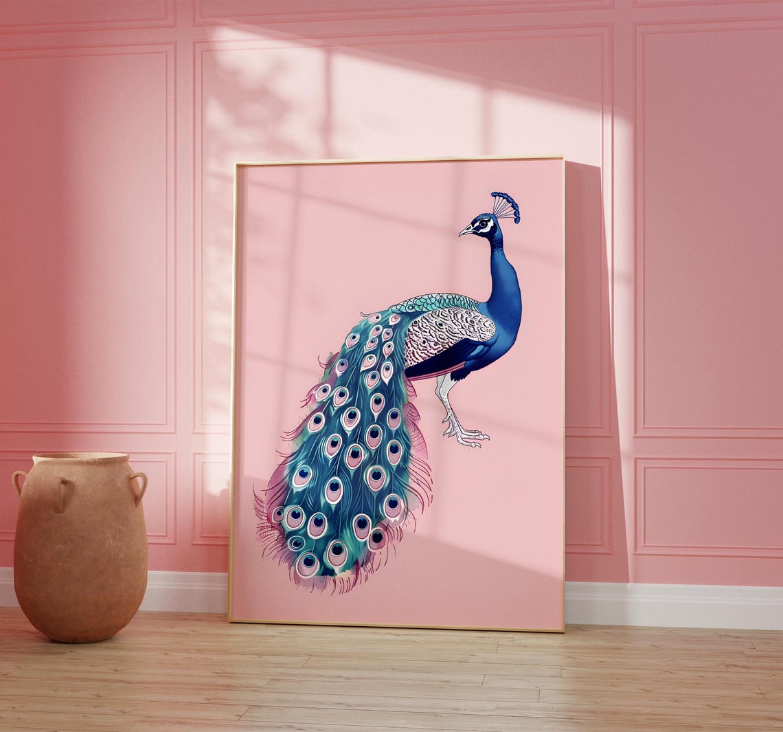 Standing Peacock With Fanned Jeweled Tail On Blush Pink Poster - Image 4