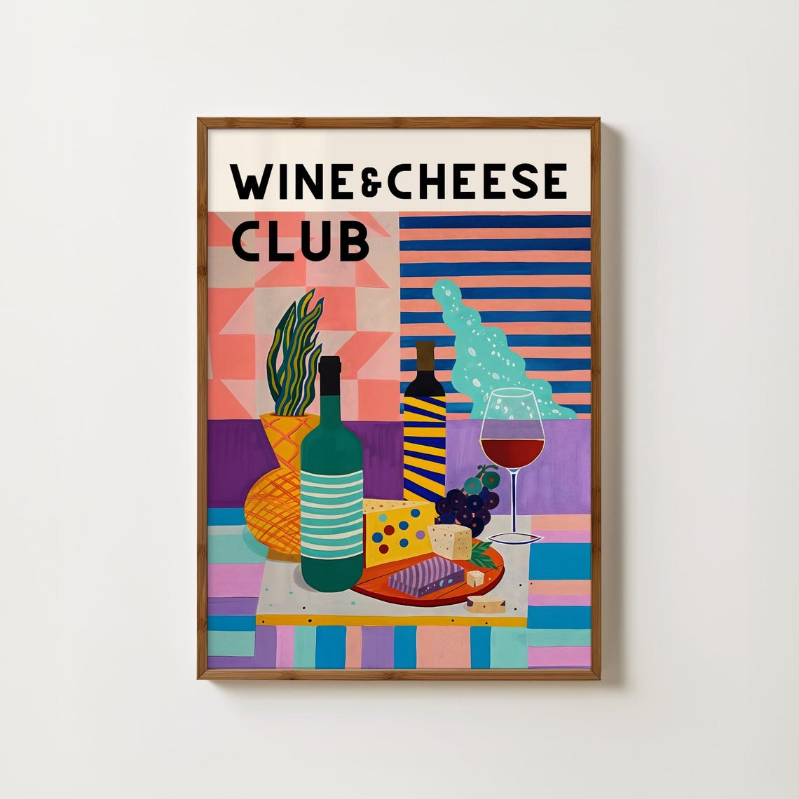 Wine And Cheese Club Retro Maximalist Colorful Still Life Poster
