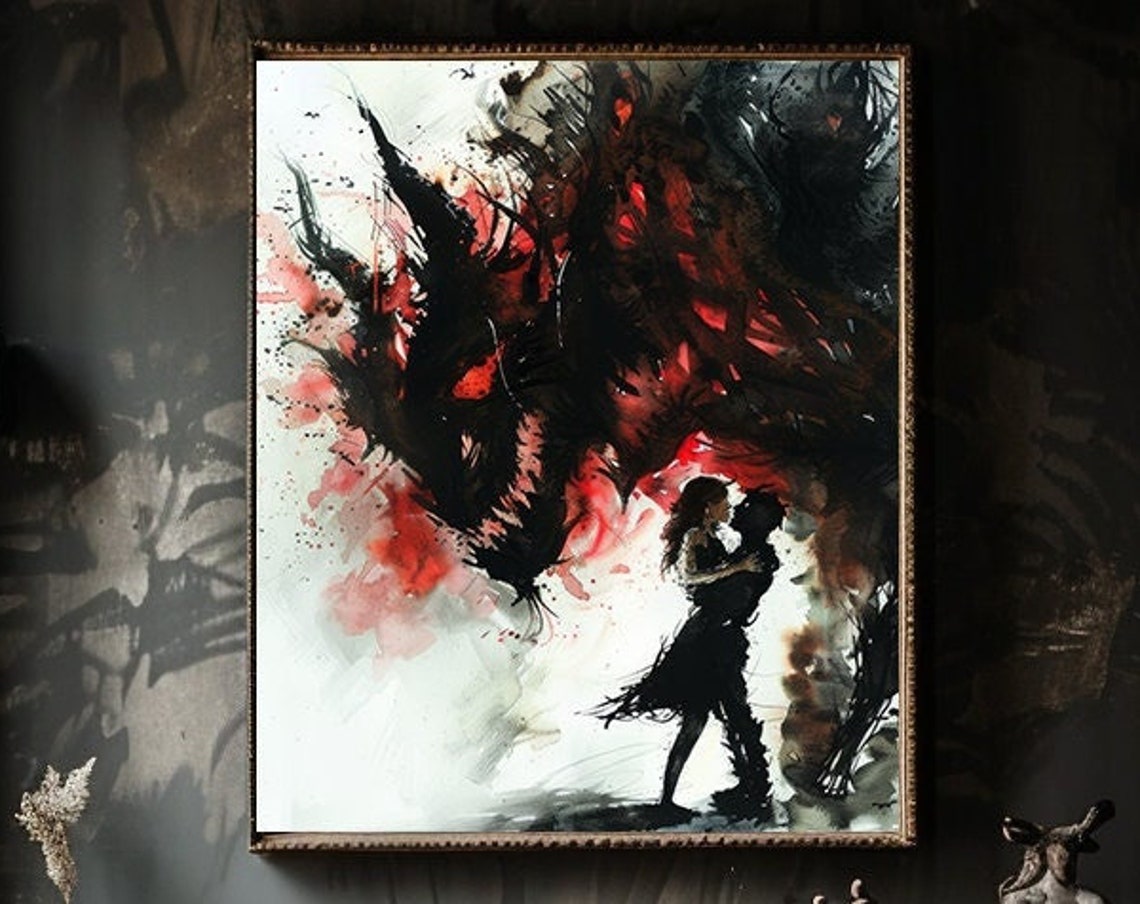 Couple Dancing Beneath A Dragon Black Red Watercolor Art Poster
