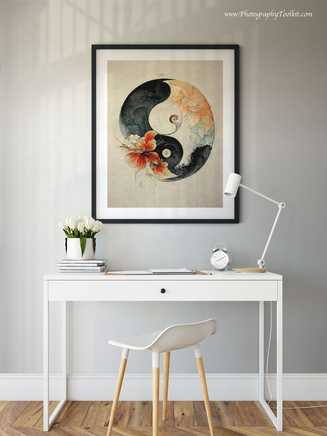 Floral Yin Yang Watercolor Wall Art Boho Balance Symbol Peach Blossom Decor - Image 2