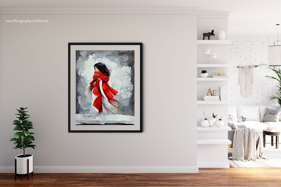 Woman in Red Scarf Winter Watercolor Snowy Evening Portrait Poster - Image 4
