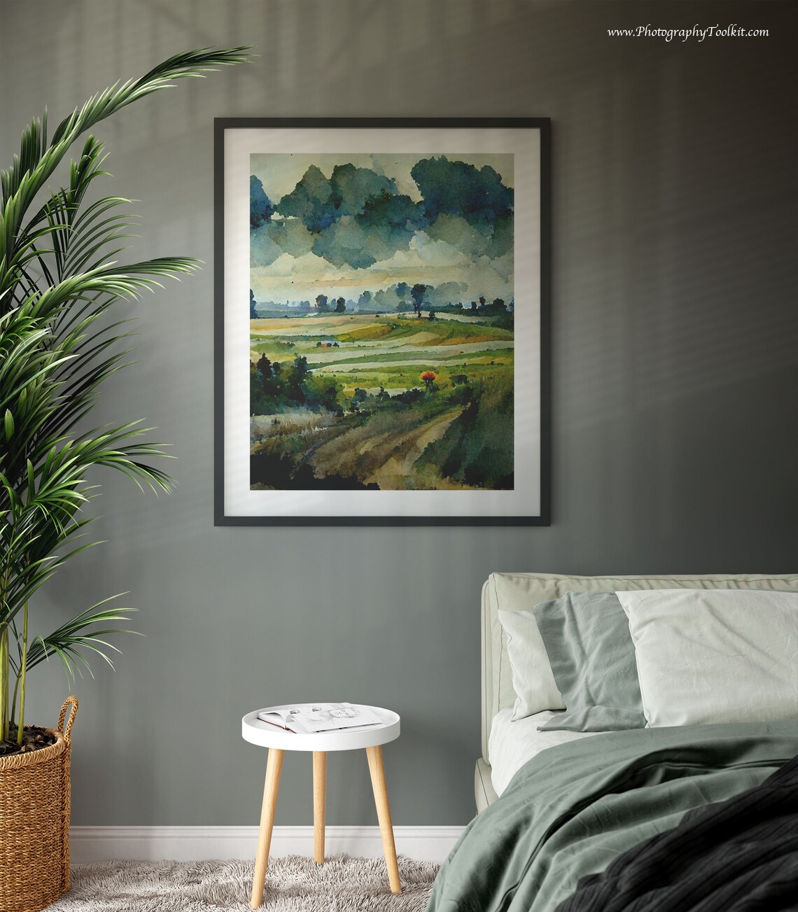 Green Fields Dark Storm Clouds Watercolor Rural Landscape Poster - Image 3