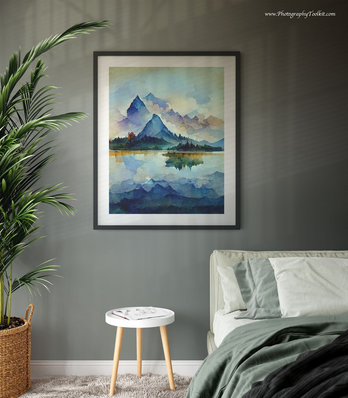 Misty Purple Mountain Peaks Reflected in a Still Lake Watercolor Poster - Image 3