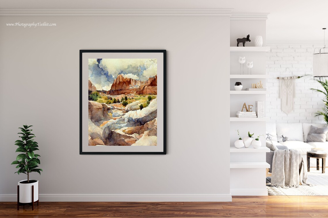 Capitol Reef Watercolor Rocky Stream Red Cliffs Cloudy Sky Desert Print - Image 4