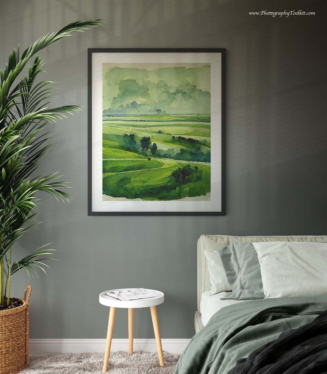 Green Rolling Plains Watercolor Pasture Landscape Meadow Poster - Image 3